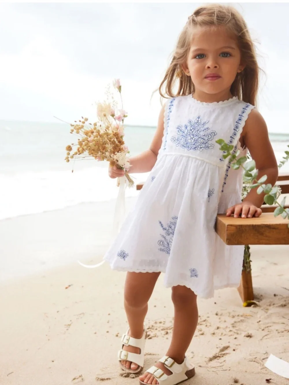 next White Dress with Blue Floral Embroidery